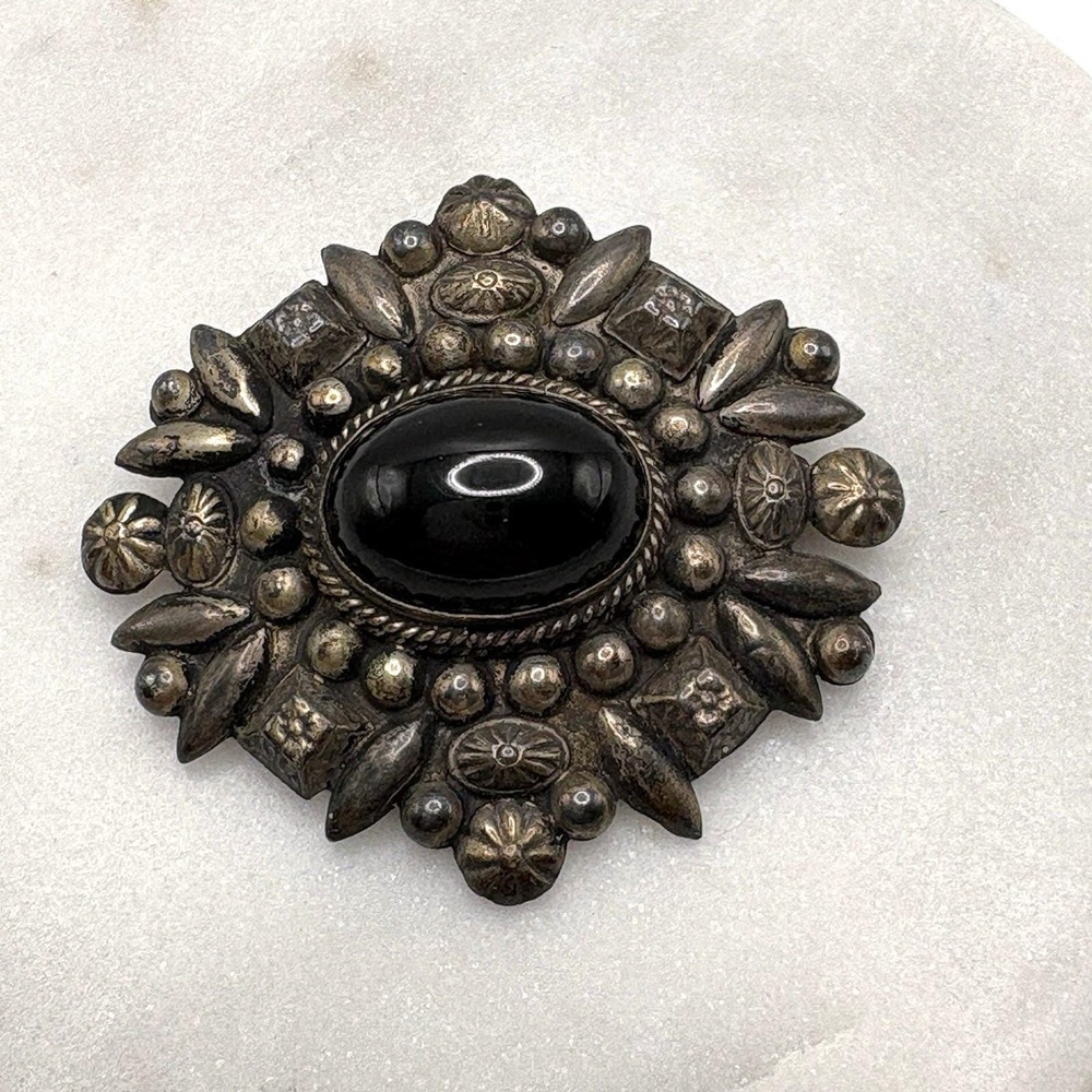Vintage 800 Silver Onyx Brooch Southwest Statement Intricate Detail Mexico